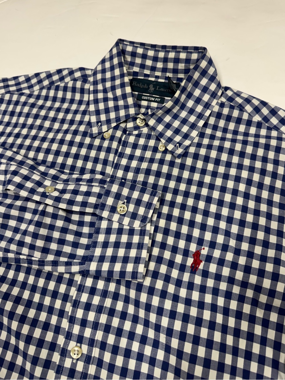 Ralph Lauren Mens Small Custom Fit Blue Gingham Button-Down Shirt Long Sleeve